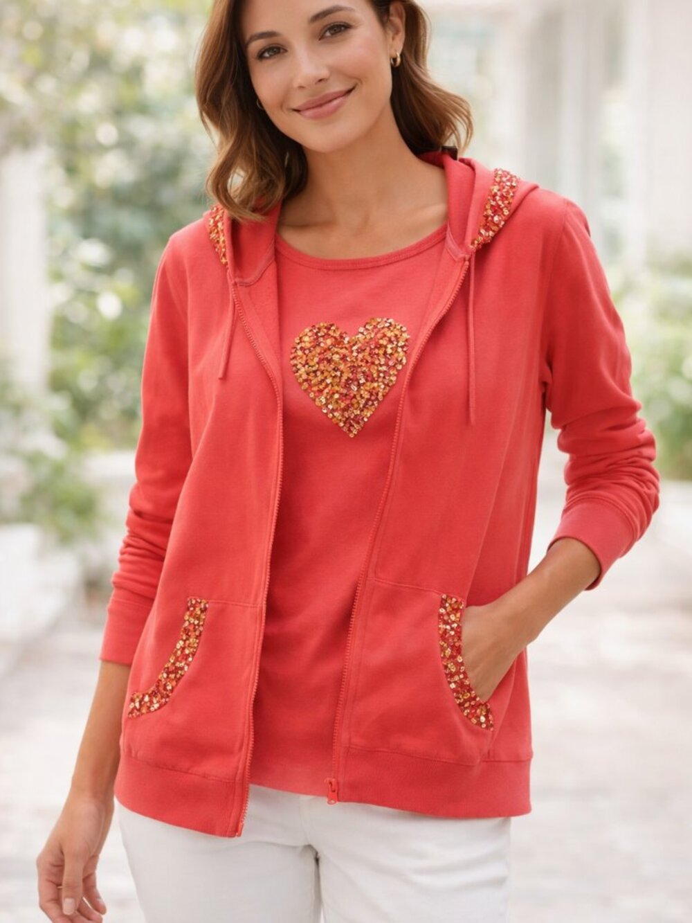 Quacker Factory Coral Sequin Hoodie & Heart Tee Set